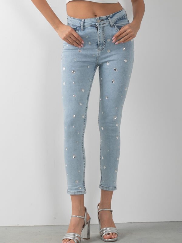 Taş Detaylı Tasarım Skinny Denim Mavi Kot Pantolon