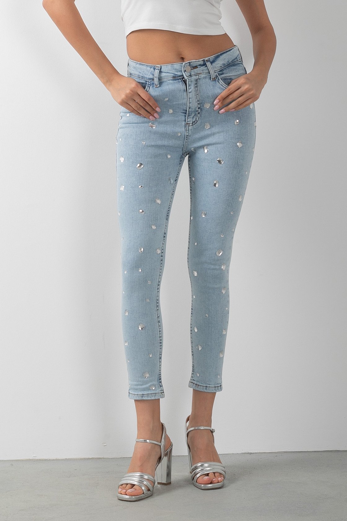 Beyaz Taş Detaylı Skinny Denim Mavi Kot Pantolon