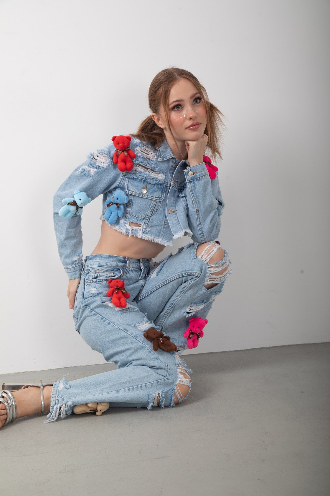 Oyuncak Ayıcık Aksesuarlı Kot Ceket ve Pantolon