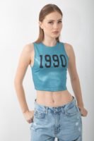 Parlak 1990 Baskılı Atlet Varaklı Kolsuz Crop Body