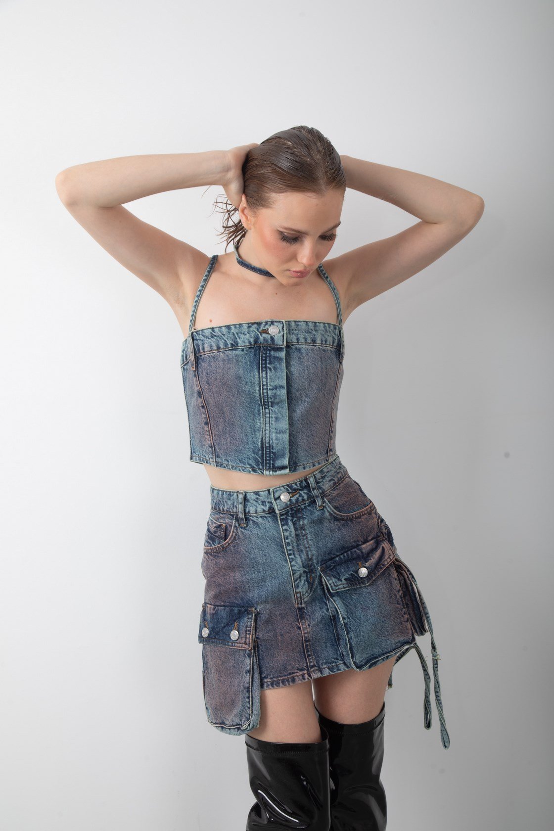 Kot Etek Büstiyer Cepli Tasarım Denim Takım