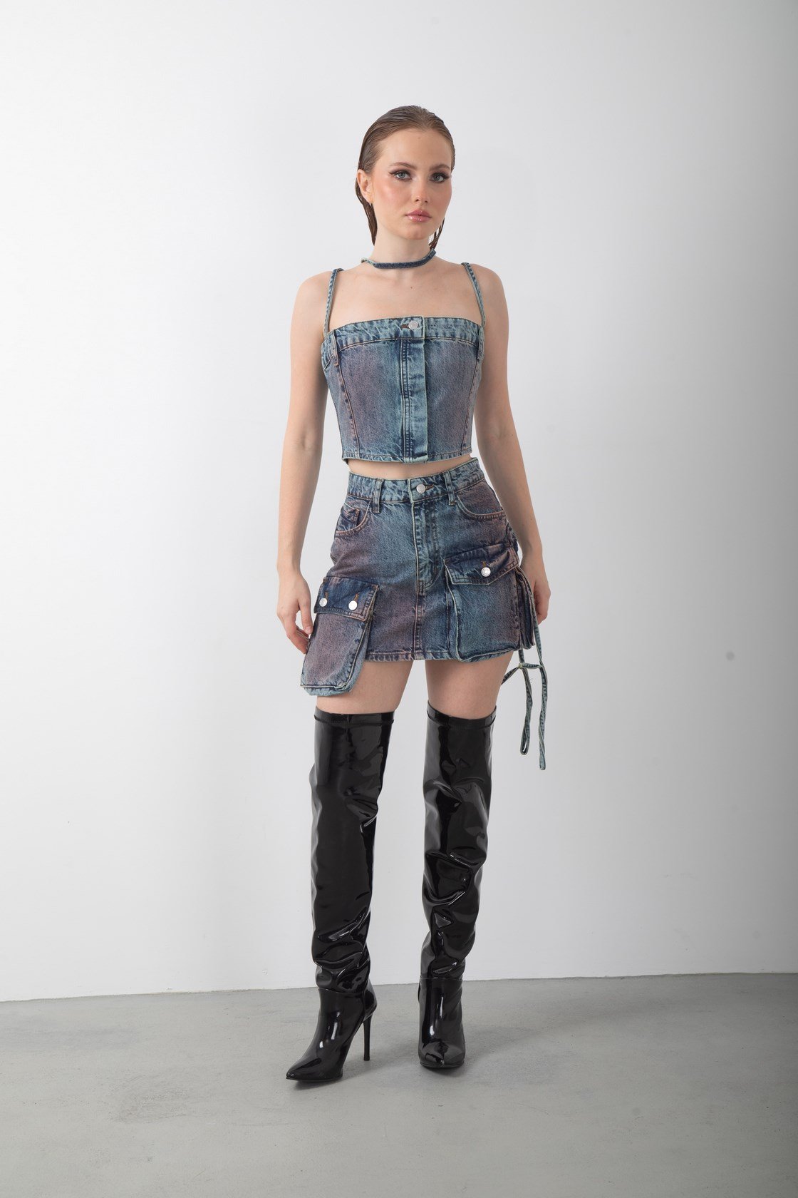 Kot Etek Büstiyer Cepli Tasarım Denim Takım