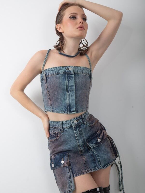 Kot Etek Büstiyer Cepli Tasarım Denim Takım