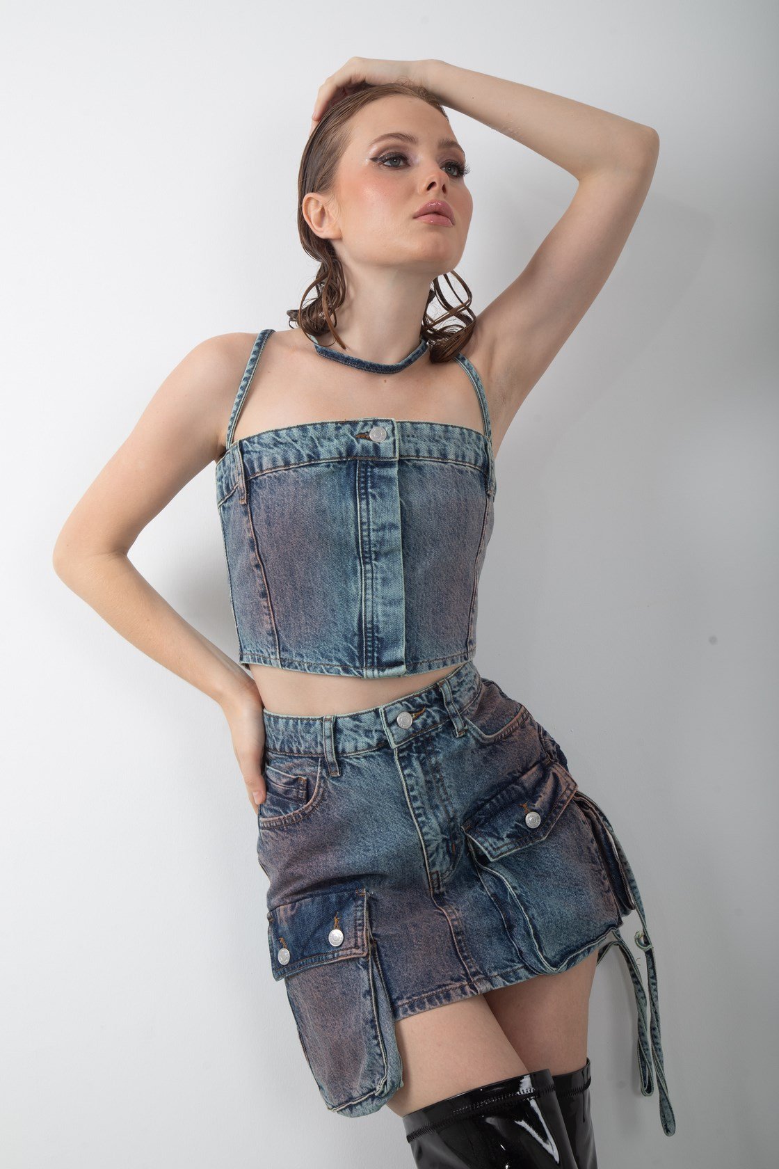 Kot Etek Büstiyer Cepli Tasarım Denim Takım