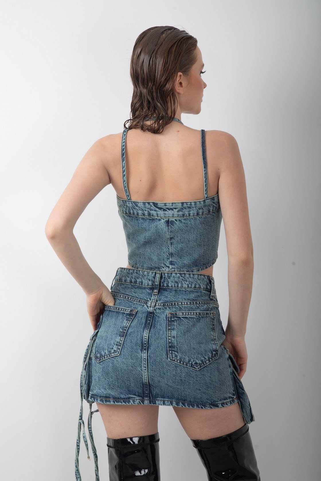 Kot Etek Büstiyer Cepli Tasarım Denim Takım