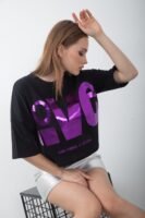 Love Baskılı Varaklı Oversize Crop Tişört