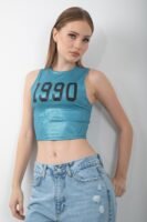 Parlak 1990 Baskılı Atlet Varaklı Kolsuz Crop Body