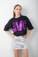 Love Baskılı Varaklı Oversize Crop Tişört