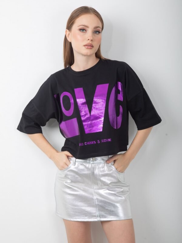 Love Baskılı Varaklı Oversize Crop Tişört