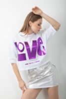 Love Baskılı Varaklı Oversize Crop Tişört