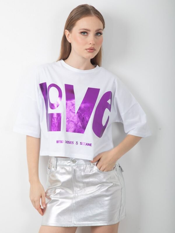 Love Baskılı Varaklı Oversize Siyah Crop Tişört