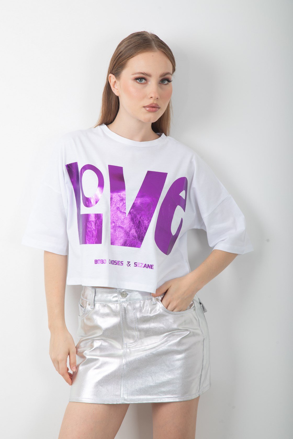 Love Baskılı Varaklı Oversize Crop Tişört