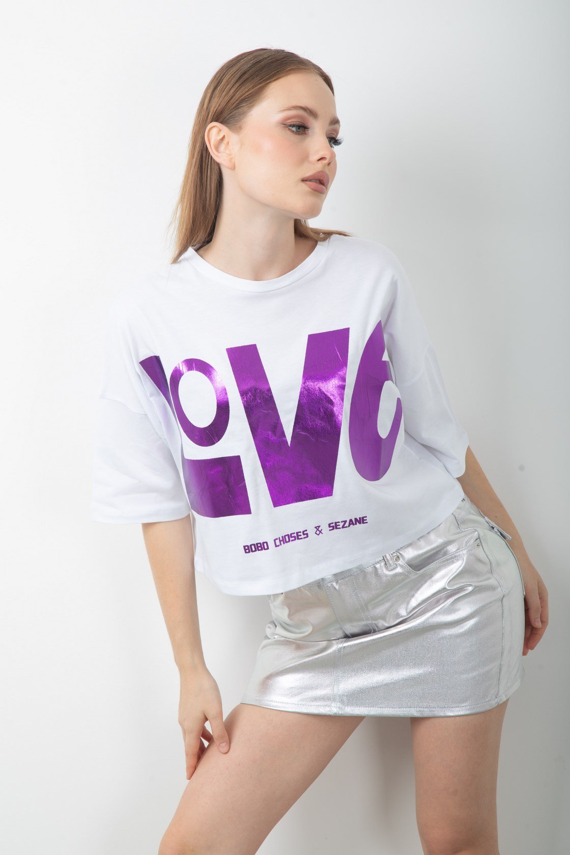 Love Baskılı Varaklı Oversize Crop Tişört