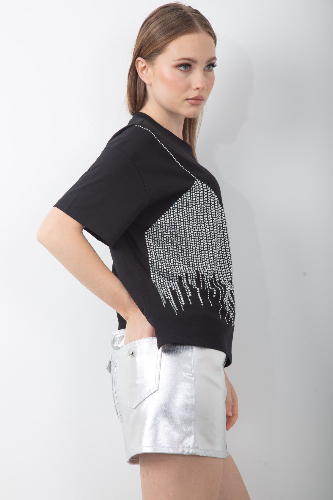 Parlak Taş Pul Payet Detaylı Oversize Tişört