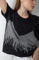 Parlak Taş Pul Payet Detaylı Oversize Tişört