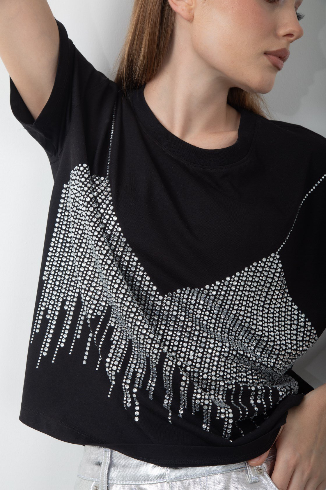 Parlak Taş Pul Payet Detaylı Oversize Tişört