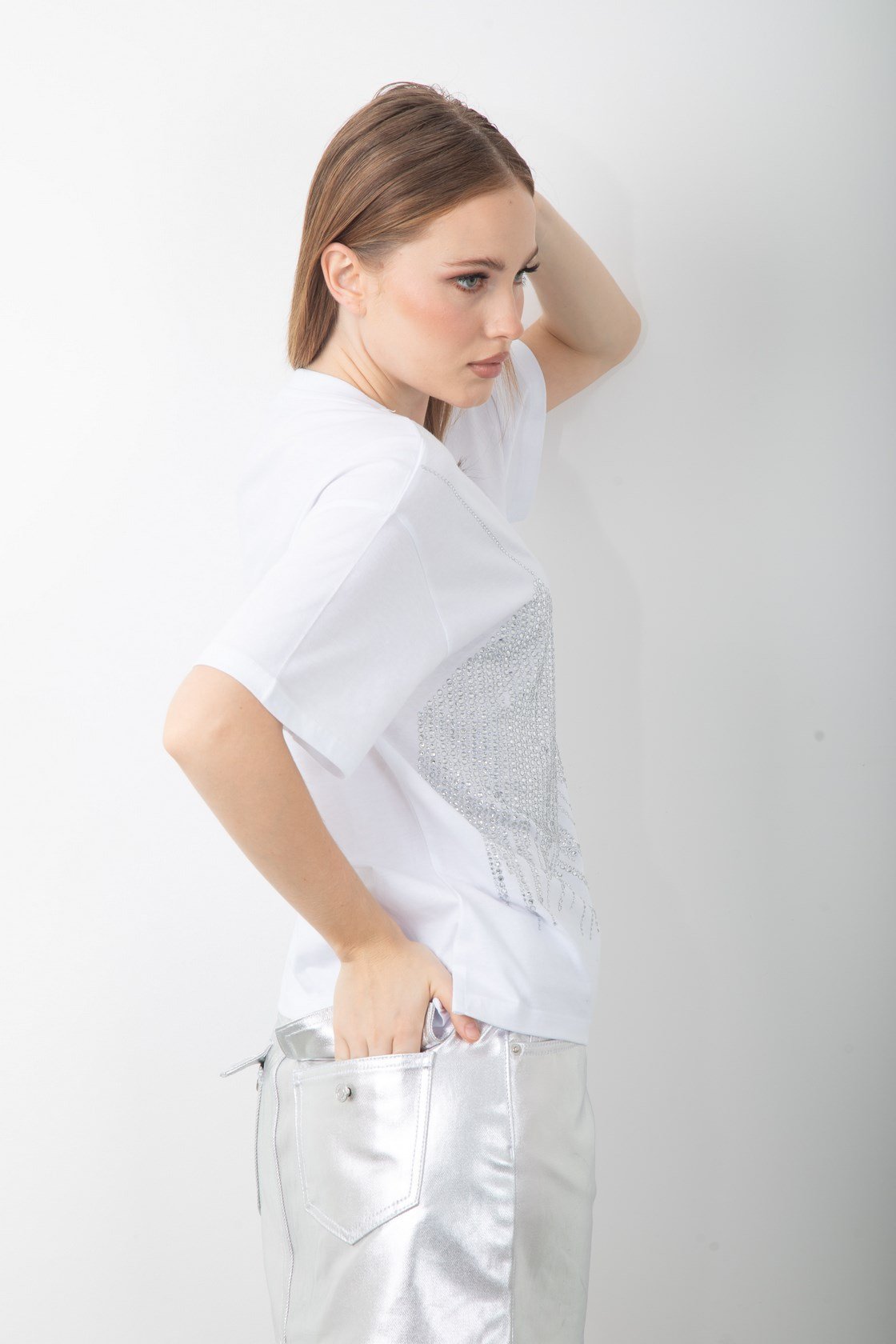 Parlak Taş Pul Payet Detaylı Oversize Tişört