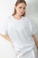 Parlak Taş Pul Payet Detaylı Oversize Tişört