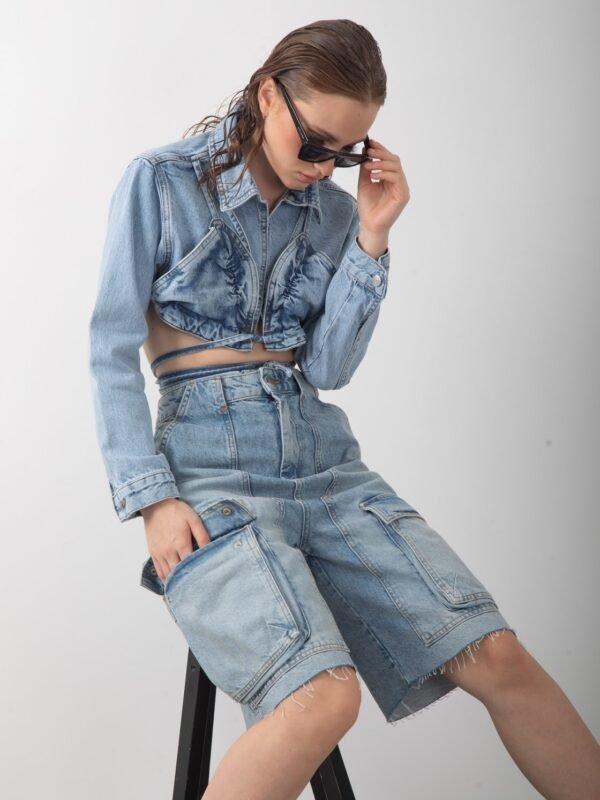 Kargo Cepli Yüksek Bel Kot Şort Bermuda