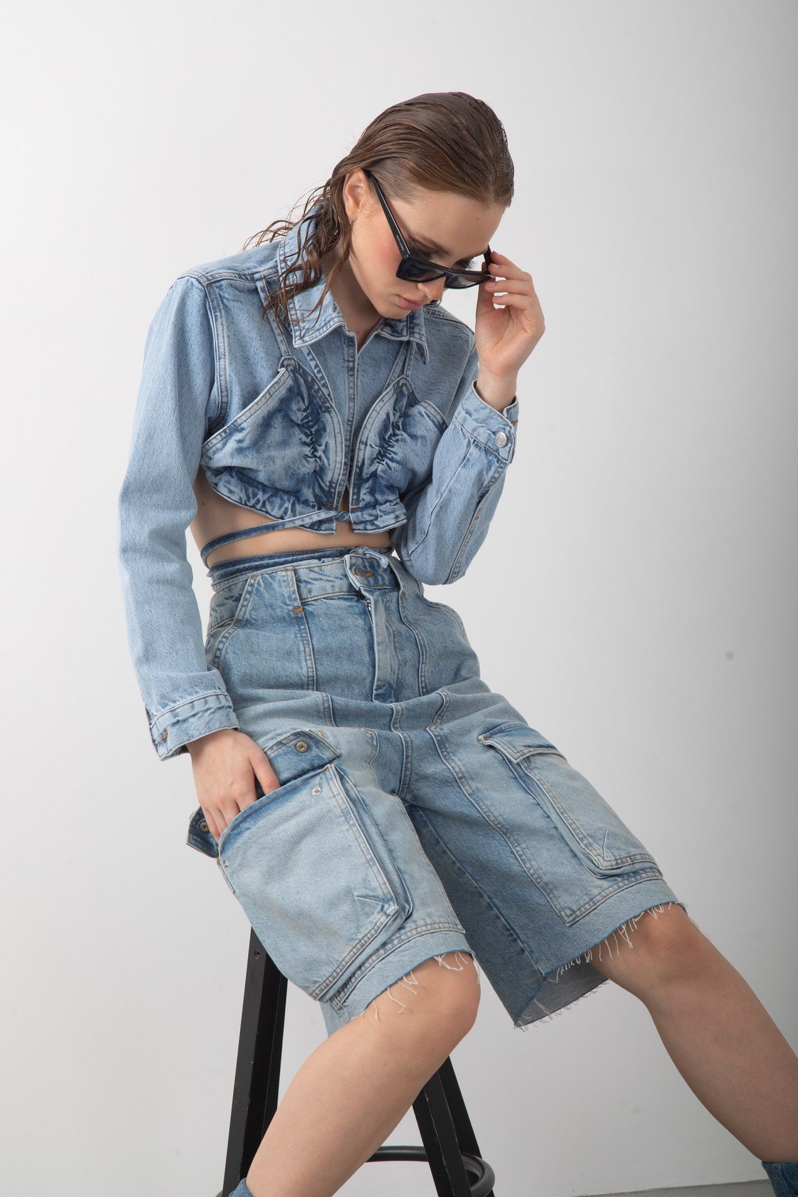 Kargo Cepli Yüksek Bel Kot Şort Bermuda