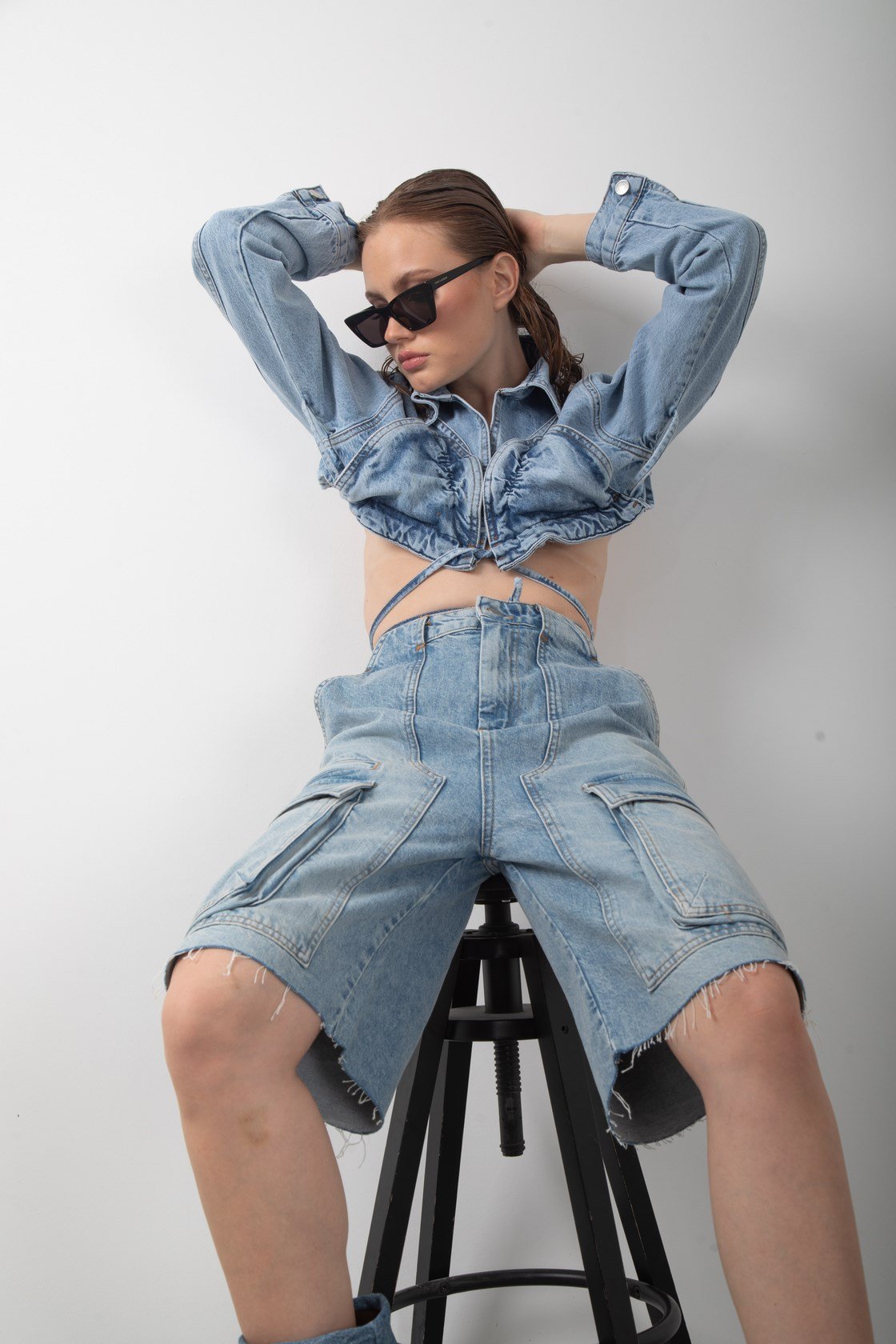 Kargo Cepli Yüksek Bel Kot Şort Bermuda