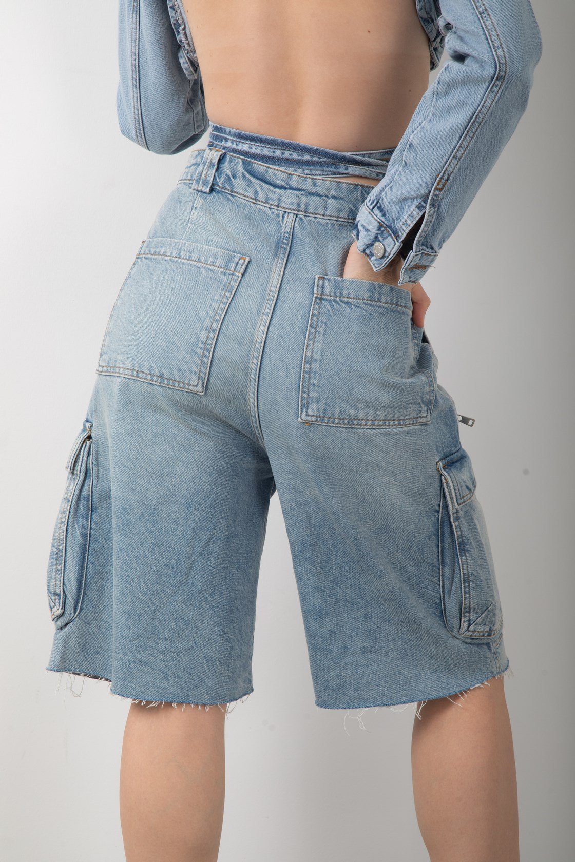 Kargo Cepli Yüksek Bel Kot Şort Bermuda