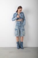 Kargo Cepli Yüksek Bel Kot Şort Bermuda