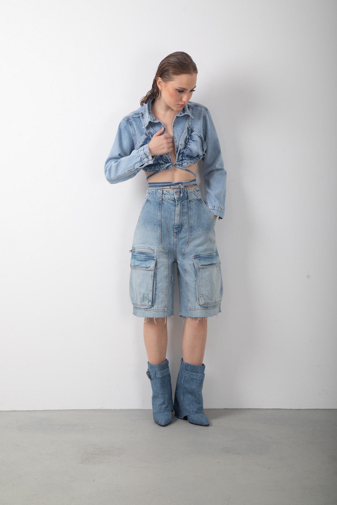 Kargo Cepli Yüksek Bel Kot Şort Bermuda