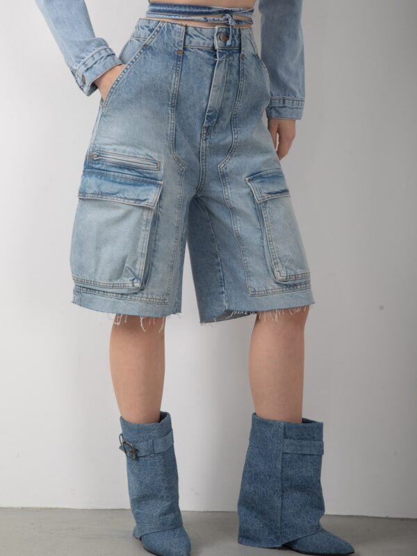 Kargo Cepli Yüksek Bel Kot Şort Bermuda