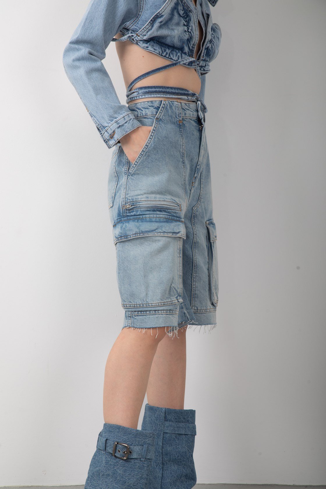 Kargo Cepli Yüksek Bel Kot Şort Bermuda