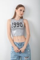 Parlak 1990 Baskılı Atlet Varaklı Kolsuz Crop Body
