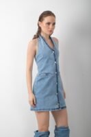 Düğmeli Sırt Açık Denim Kot Mini Elbise