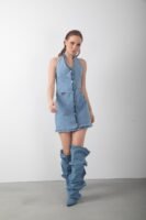 Düğmeli Sırt Açık Denim Kot Mini Elbise