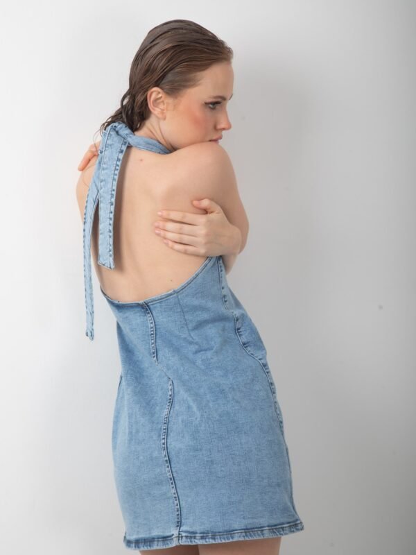 Düğmeli Sırt Açık Denim Kot Mini Elbise