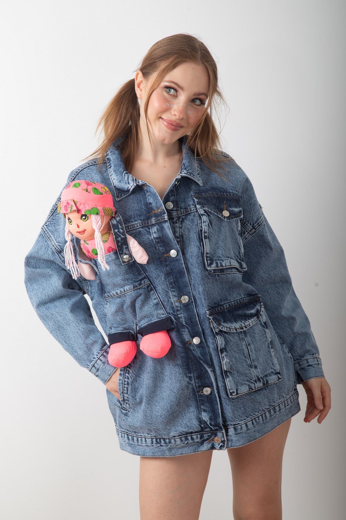 Oyuncak Bebek Aksesuarlı Denim Uzun Kot Ceket