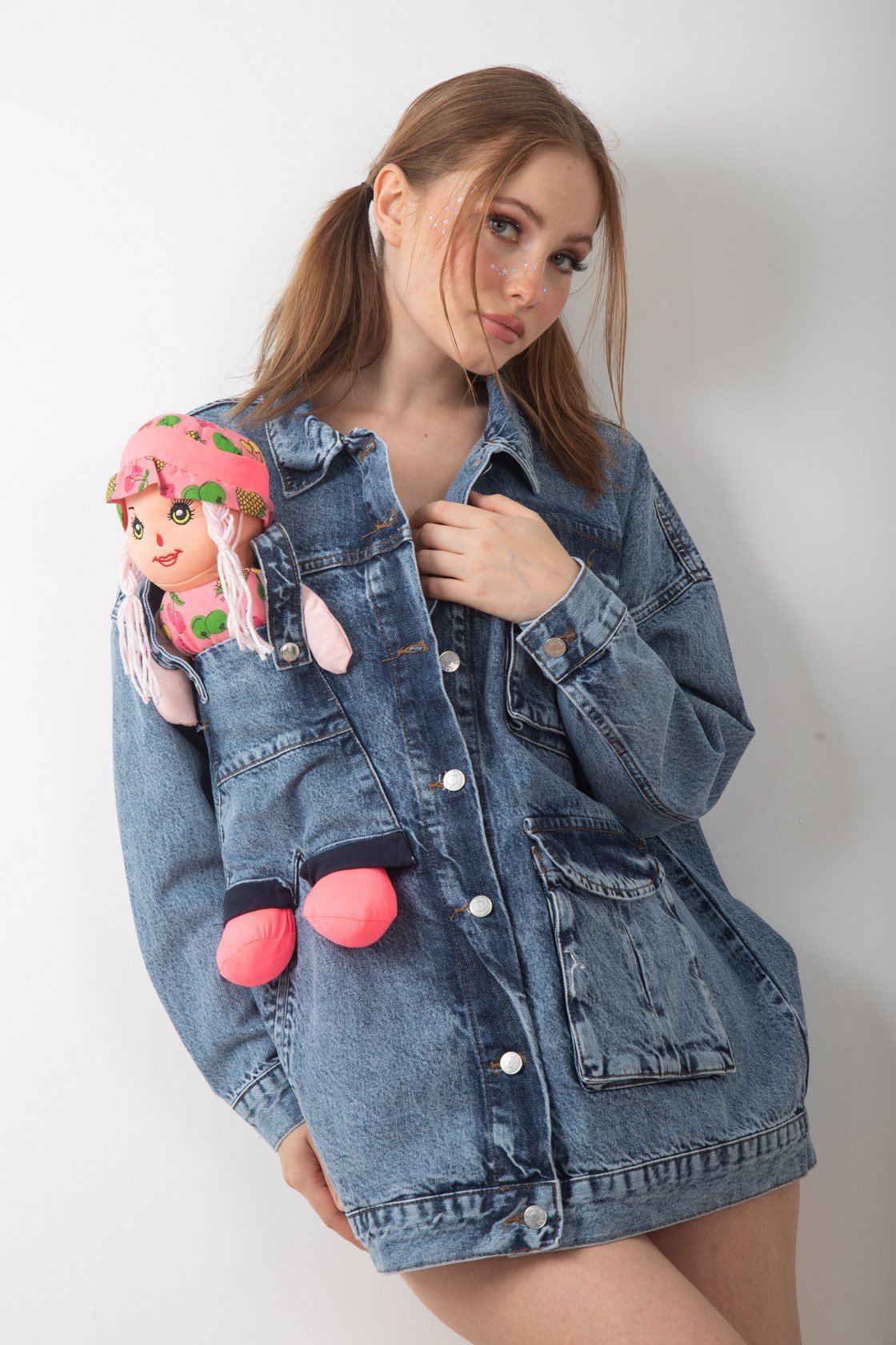 Oyuncak Bebek Aksesuarlı Denim Uzun Kot Ceket