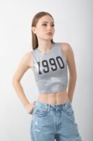 Parlak 1990 Baskılı Atlet Varaklı Kolsuz Crop Body