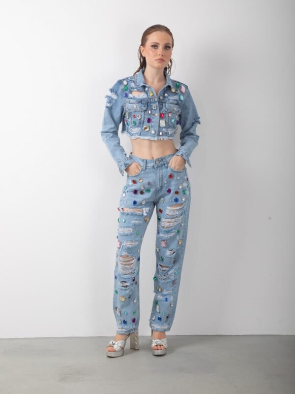 Renkli Taş Aksesuarlı Yırtık Kot Pantolon