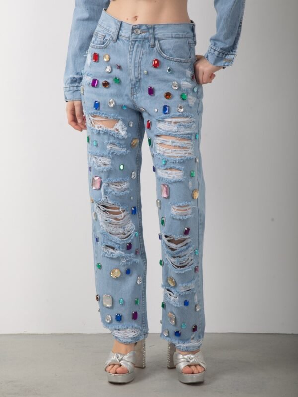 Renkli Taş Aksesuarlı Yırtık Kot Pantolon