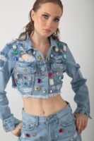 Renkli Taş Aksesuarlı Crop Kısa Kot Ceket