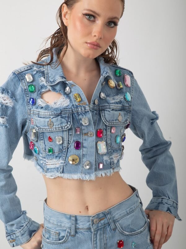 Renkli Taş Aksesuarlı Crop Kısa Kot Ceket