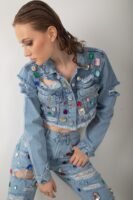 Renkli Taş Aksesuarlı Crop Kısa Kot Ceket