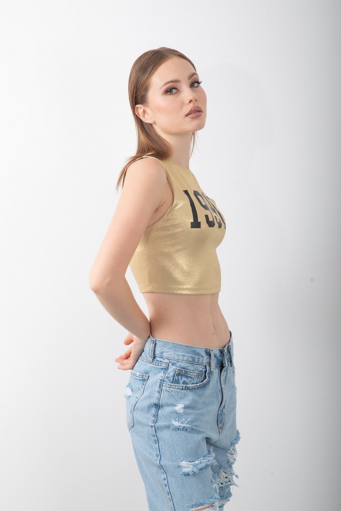 Parlak 1990 Baskılı Atlet Varaklı Kolsuz Crop Body